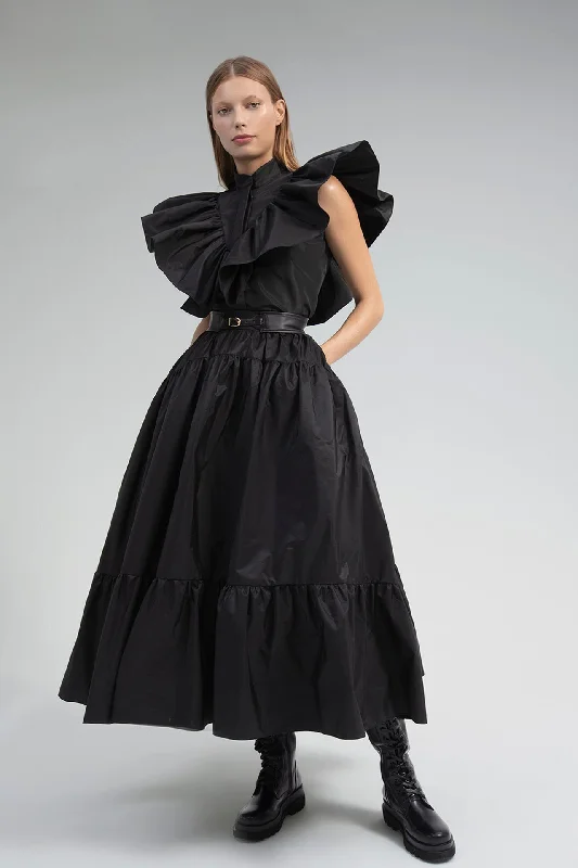 Closed neck taffeta top and skirt floral skirt print