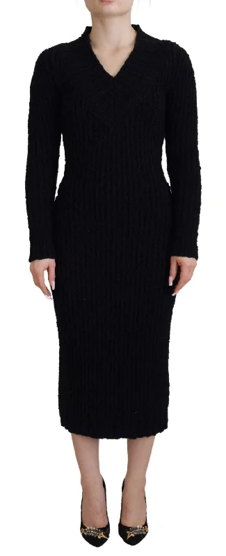 Dolce & Gabbana Elegant Black Wool Blend Sweater Dress Hooded Caped Shawl Collar