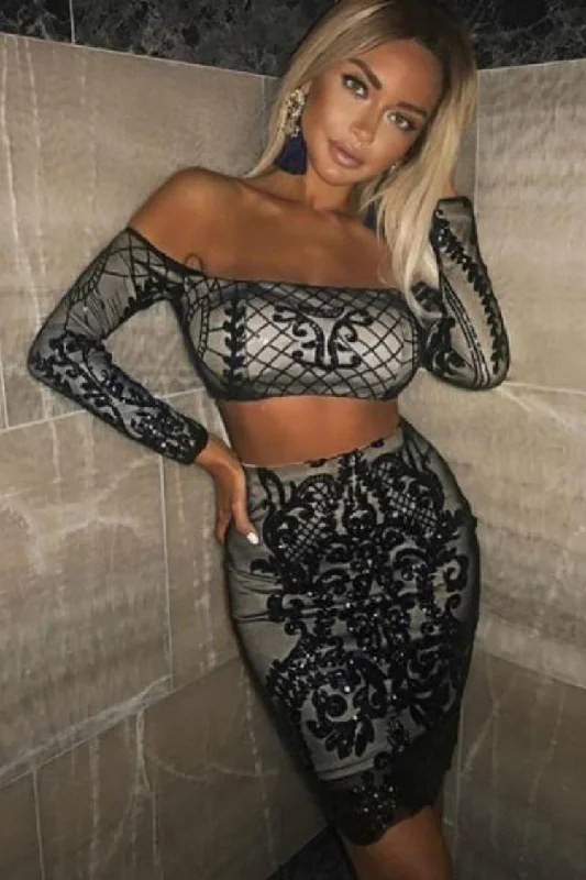 Lust Luxe Black Sequin Brocade Two Piece Skirt Top Co Ord Set zip skirt side