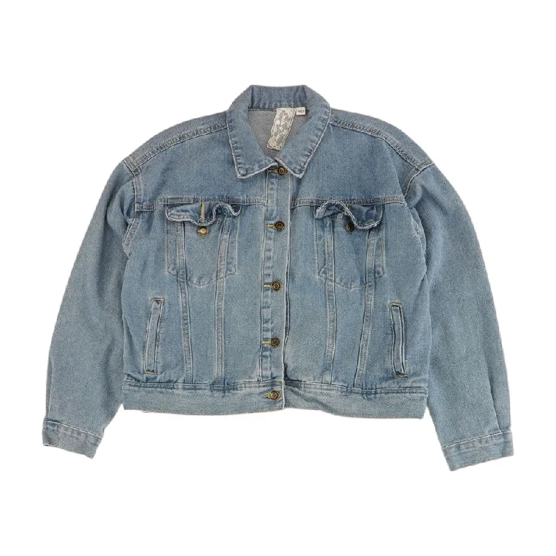 Blue Solid Denim Jacket Collared Jacket Crew Neck Jacket Turtle Neck Jacket