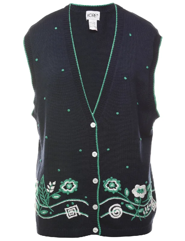 Navy Sweater Vest - L Solid Color Striped Floral Print