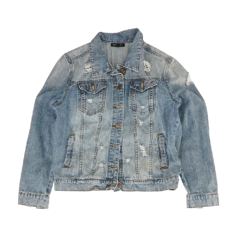 Blue Solid Denim Jacket Hoodie Zip-Up Jacket Button-Up Jacket