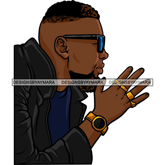 Black Long Beard Man Wearing Sun Glasses Blue Shirt Jacket Golden Gold Watch Rings Ring Curly Hairs Hair Sideview Nubian African American Boy SVG JPG PNG Vector Clipart Cricut Silhouette Cut Cutting Fleece Fabric Down Fabric Feather Fabric