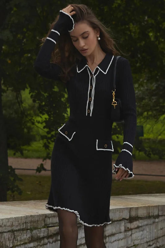 Preppy Chic Contrast Collar Button Up Long Sleeve Ribbed Knit Sweater Mini Dress - Black Neon Metallic Matte Preppy Chic Contrast Collar Button Up Long Sleeve Ribbed Knit Sweater Mini Dress - Black Neon Metallic Matte