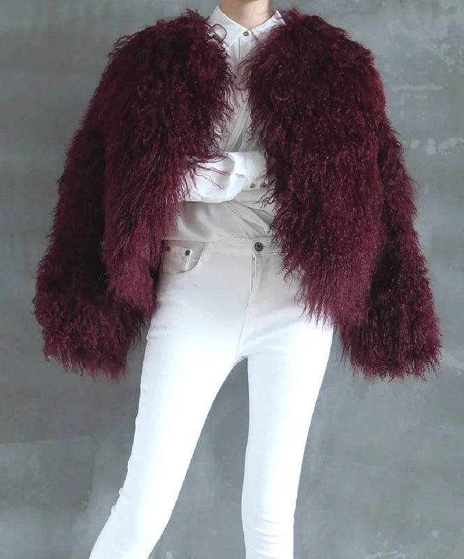 Shearling Jacket Dark Cherry Zippered Front Buttoned Front Snap Front