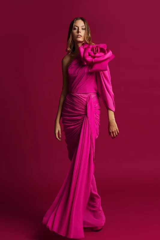 Flower on shoulder one sleeve top featuring side draped skirt low waist skirt