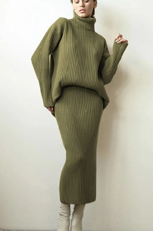 Luxury Winter Rib Knit Turtleneck Oversized Sweater Midi Two Piece Dress - Green Bright Pastel Dark Luxury Winter Rib Knit Turtleneck Oversized Sweater Midi Two Piece Dress - Green Bright Pastel Dark
