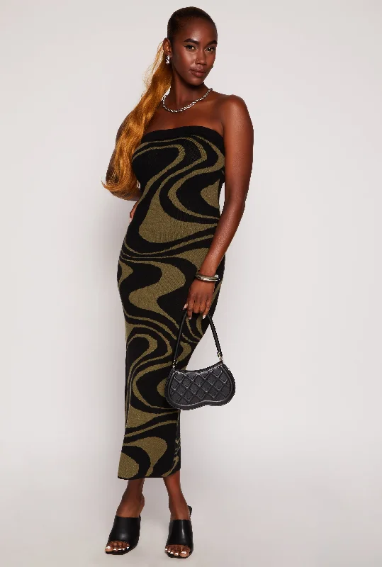 Swirl Print Tube Sweater Dress Toggled Drawstring Belted