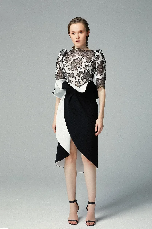 Laced top with asymmetric short skirt satin skirt smooth