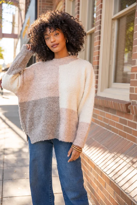 All On You Beige Multi Fuzzy Colorblock Mock Neck Sweater FINAL SALE Sequined Glittery Shiny