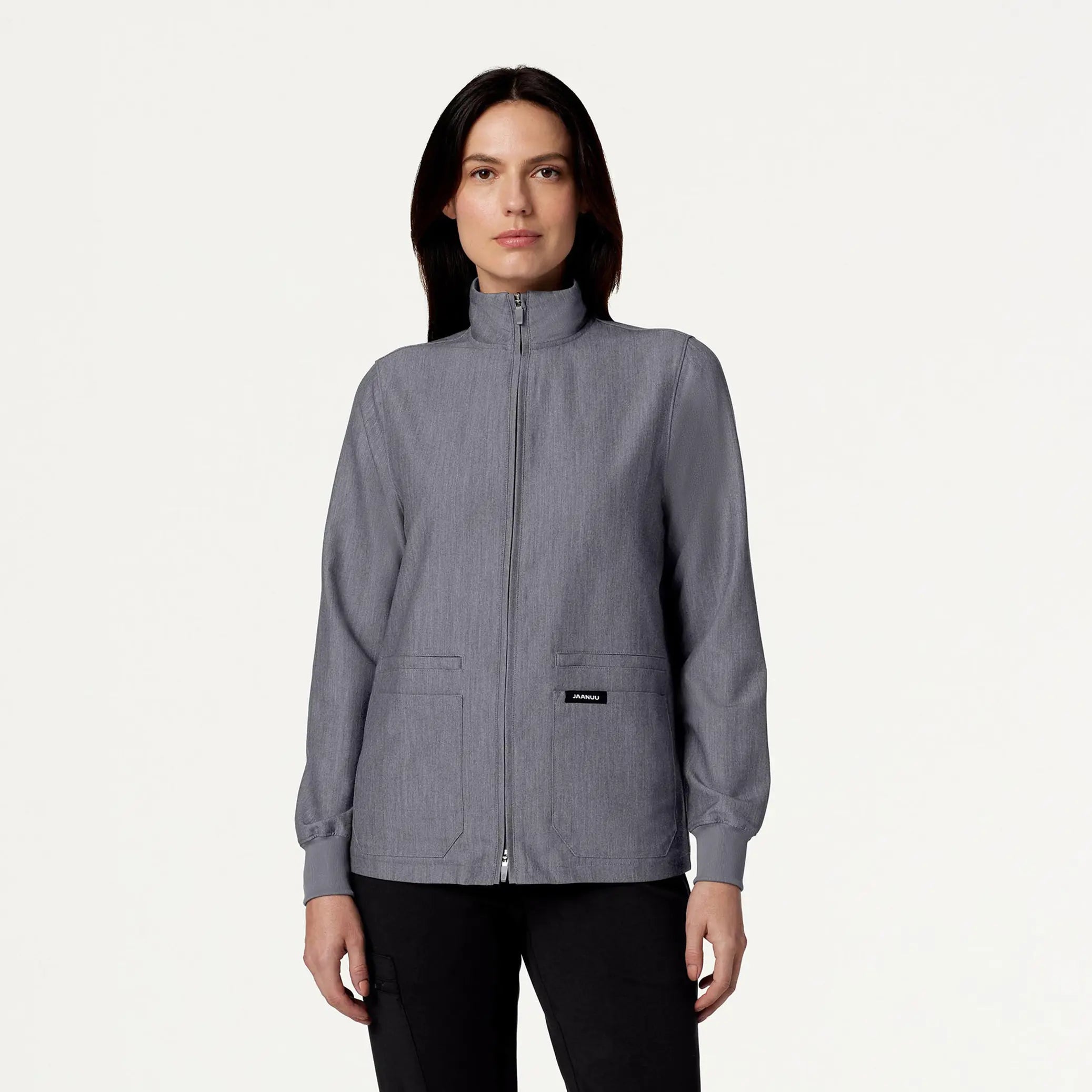 Jaanuu Women's Ceri Essential 6-Pocket Scrub Jacket - Heather Gray Satin Jacket Silk Jacket Chiffon Jacket