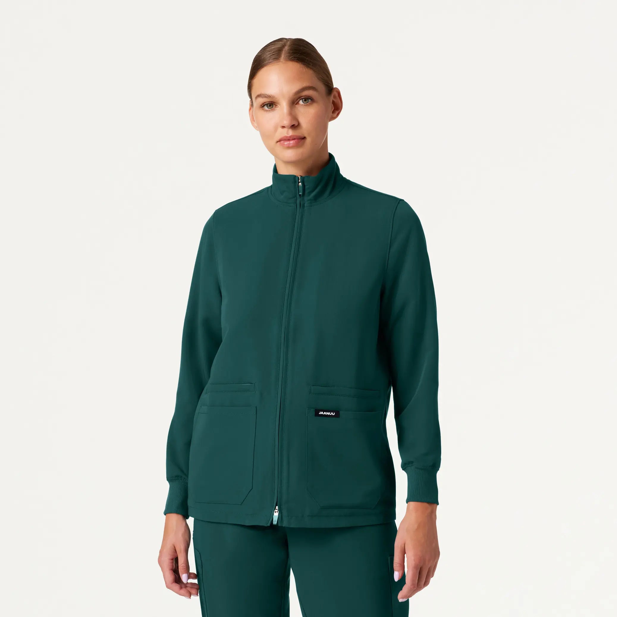 Jaanuu Women's Ceri Essential 6-Pocket Scrub Jacket - Midnight Green Ribbed Jacket Pleated Jacket Ruffled Jacket