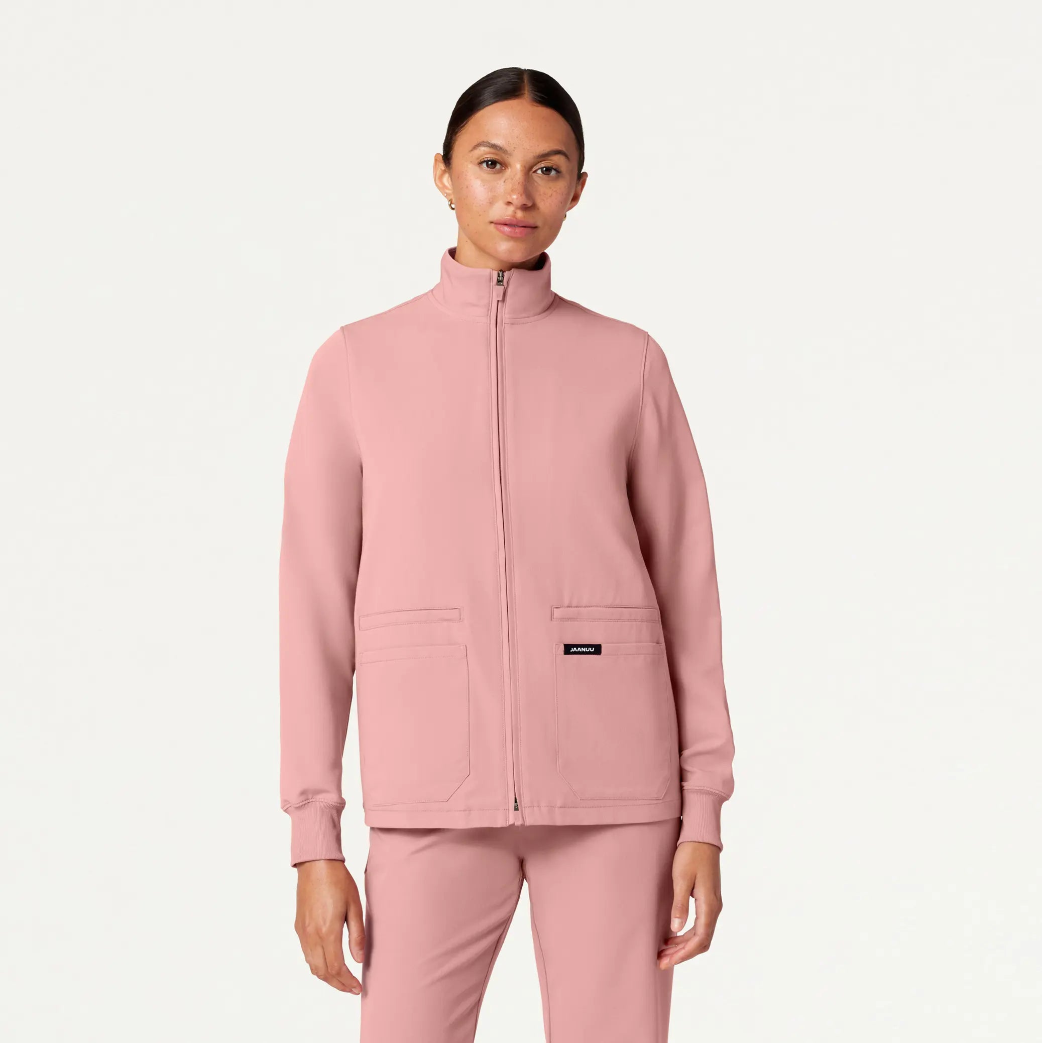 Jaanuu Women's Ceri Essential 6-Pocket Scrub Jacket - Mauve Zip Front Button Front Snap Front