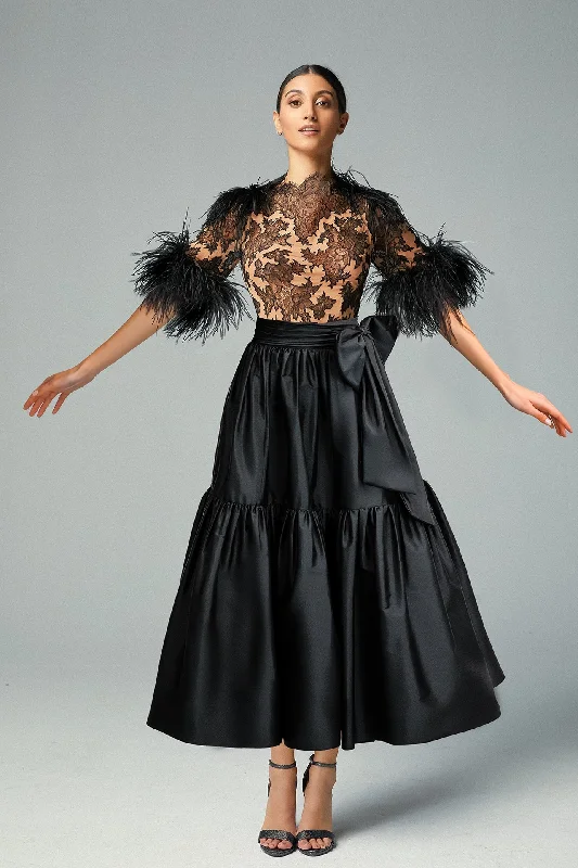 High neck french lace top with tea length taffeta skirt silk skirt lustrous