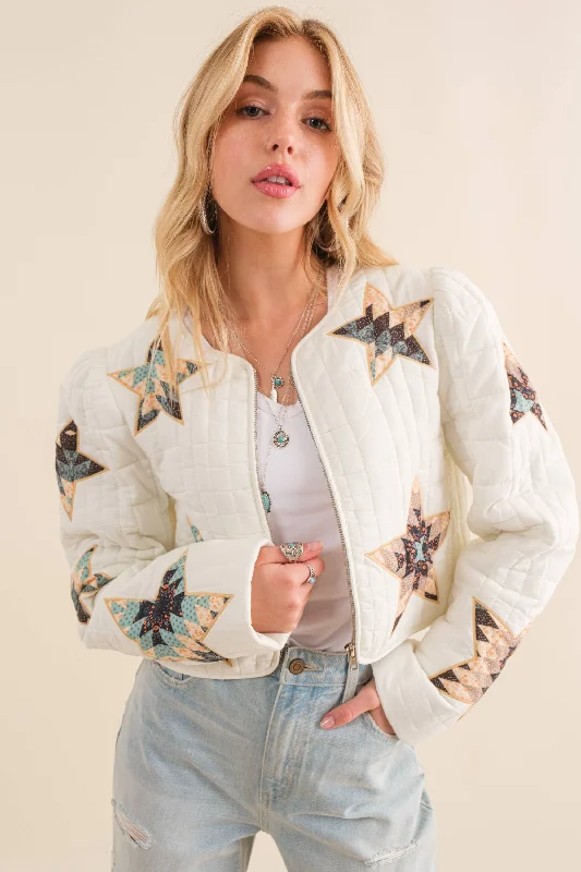 Quilted Star Embroidered Jacket Wool Fabric Cashmere Fabric Tweed Fabric