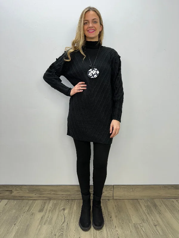 Boho Chic Long Sweater Dress - Black Terry Terry Cloth Terry Knit