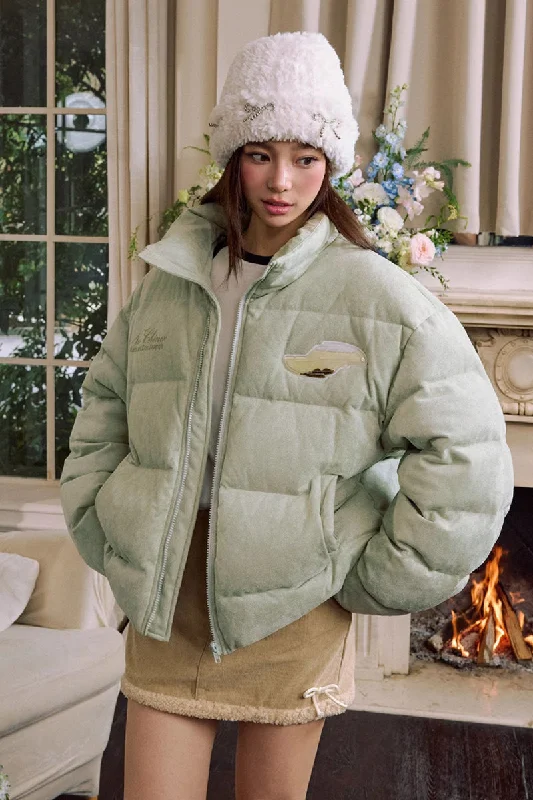 Suede Floral Embroidered Puffer Jacket Ribbed Jacket Pleated Jacket Ruffled Jacket