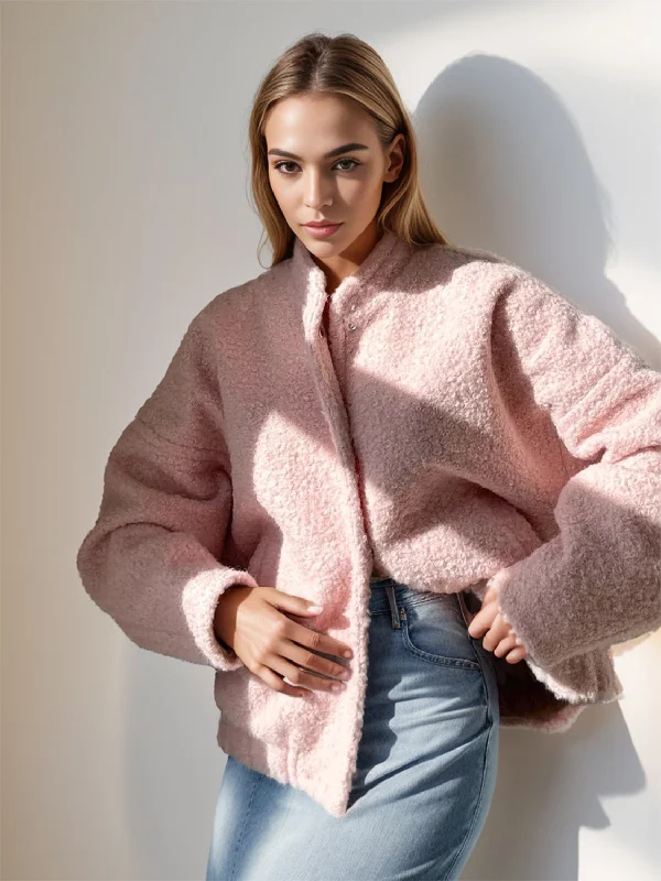 Plush Mock Neck Snap Down Jacket with Pockets Appliqued Jacket Beaded Jacket Sequined Jacket Plush Mock Neck Snap Down Jacket with Pockets Appliqued Jacket Beaded Jacket Sequined Jacket