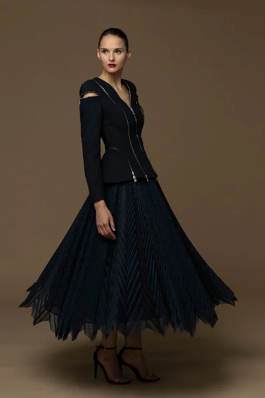 Zipper detailed top with midi tulle skirt seamless skirt comfort