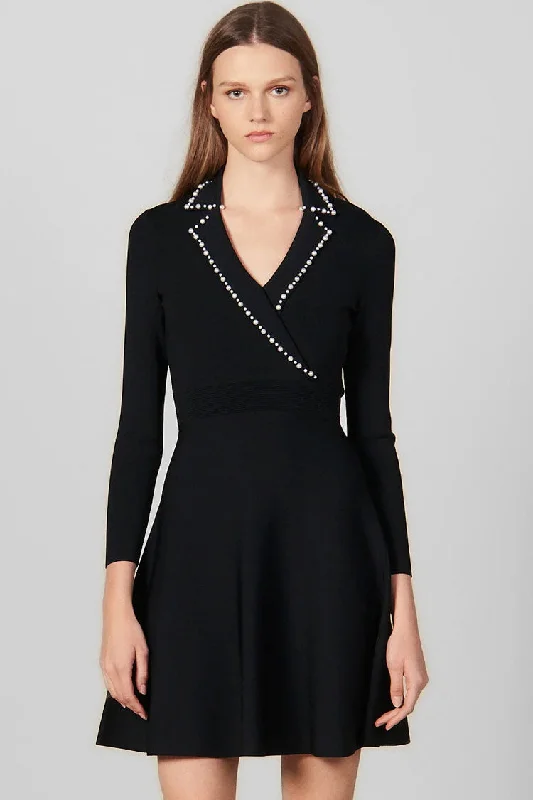 Vintage Pearl Lapel Long Sleeve Fit & Flare Sweater Mini Dress - Black Rayon Fabric Velvet Fabric Corduroy Fabric