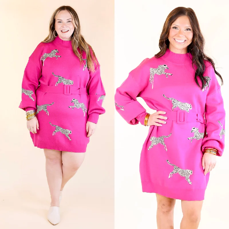 Luxurious Life Animal Print Sweater Dress with Belt in Hot Pink Nylon Fabric Polyester Fabric Spandex Fabric
