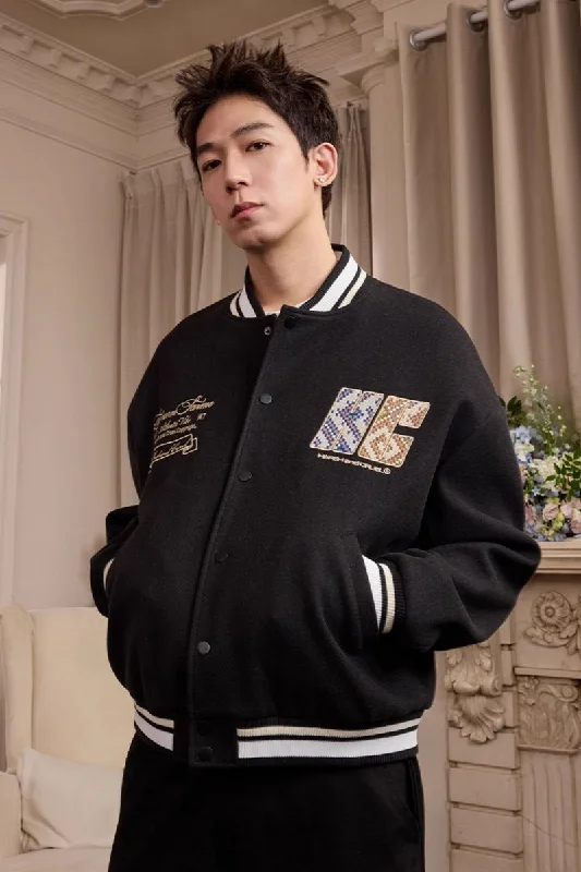 Tribal Script Patch Baseball Jacket Faux Fur Jacket Real Fur Jacket Shearling Jacket