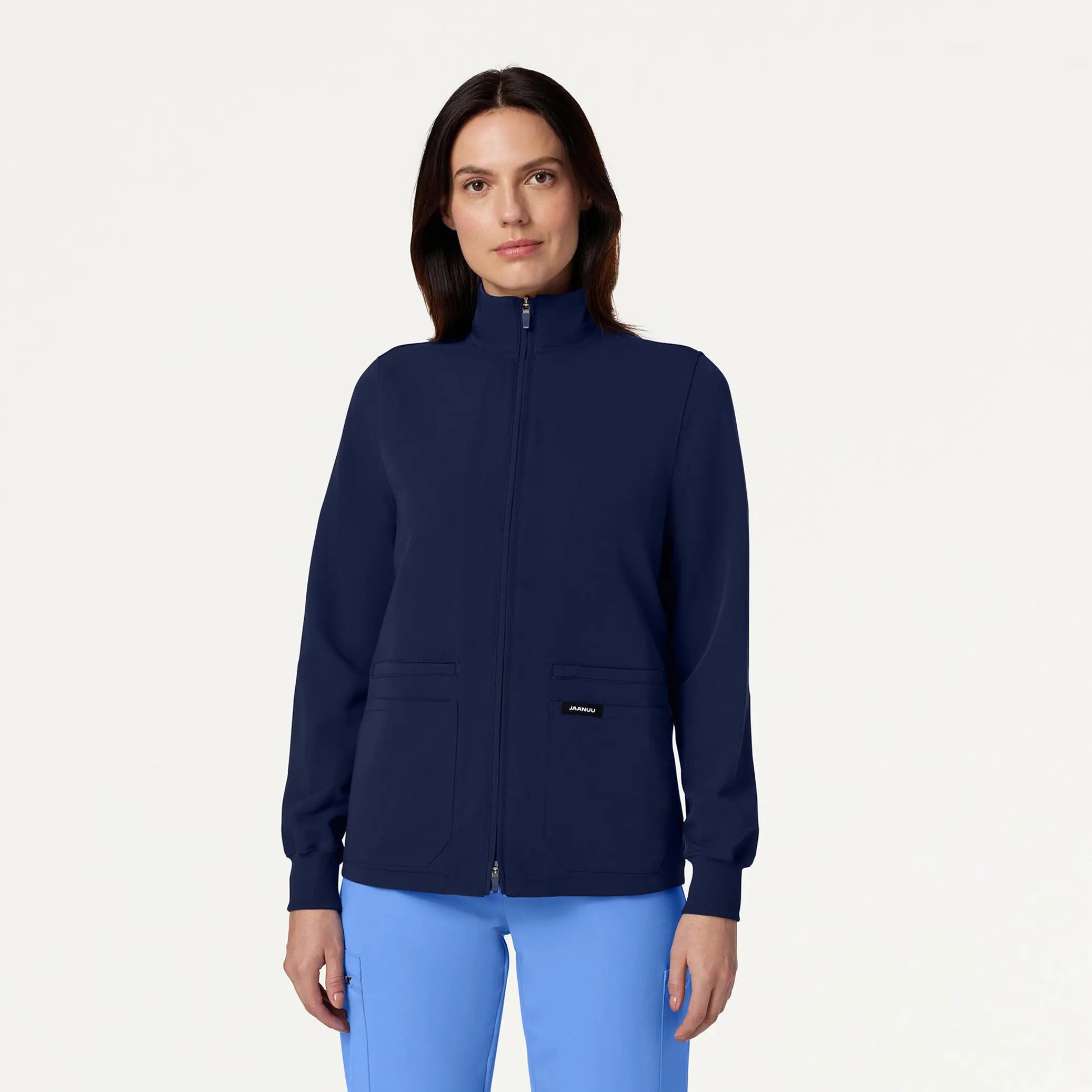 Jaanuu Women's Ceri Essential 6-Pocket Scrub Jacket - Midnight Navy Snapped Jacket Toggled Jacket Drawstring Jacket