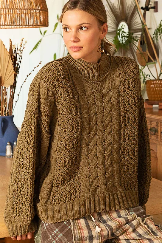 Chunky Cable Knit Mock Neck Sweater by POL - Dusky Olive