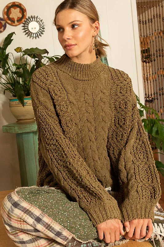 Chunky Cable Knit Mock Neck Sweater by POL - Dusky Olive