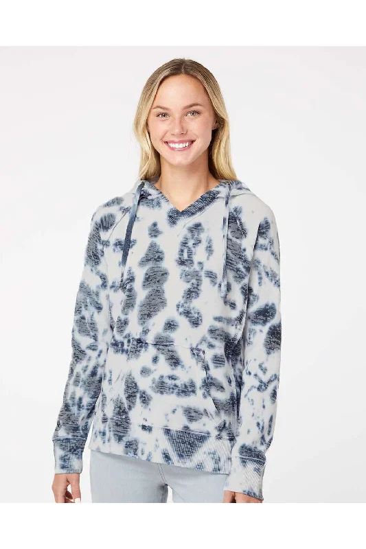 MV Sport Womens Courtney Burnout V-Notch Hooded Sweatshirt Hoodie - Navy Blue Tie Dye - NEW