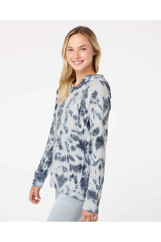 MV Sport Womens Courtney Burnout V-Notch Hooded Sweatshirt Hoodie - Navy Blue Tie Dye - NEW