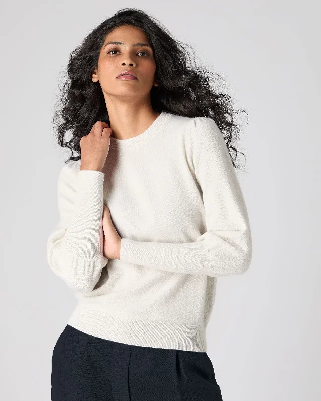 Women's Gathered Sleeve Cashmere Sweater Ivory White Sparkle