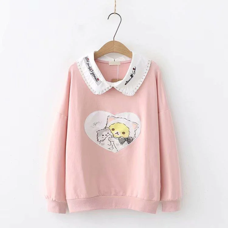 Women's Kawaii Rilakkuma Printed Loose Sweaters Splicing English Embroidered Collar Shirts