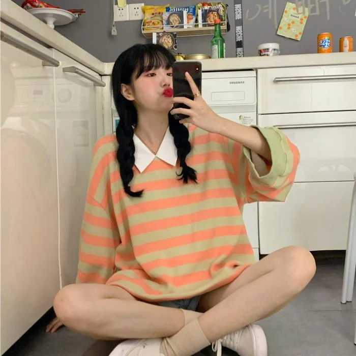 Women's Korean Fashion Constrast Color Stripe Loose Sweaters 