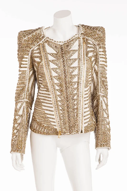 Balmain - Editorial Unique New With Tags White Leather Jacket with Gold Embellishments and Rhinestone Fringe - FR 42