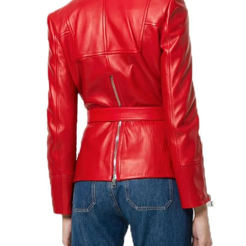 Belted Blazer Red Style Motorbike Leather Jacket