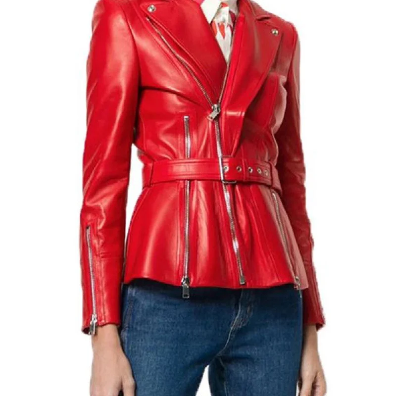 Belted Blazer Red Style Motorbike Leather Jacket