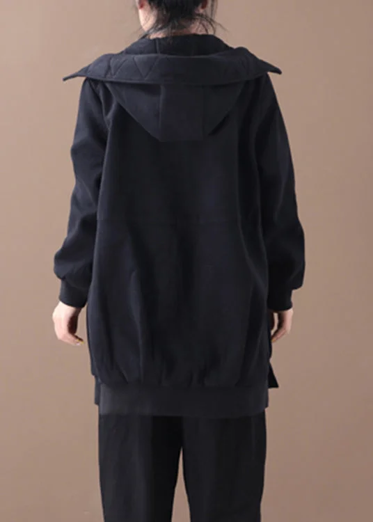 Black Zippered Side Open Hooded Coats Long Sleeve