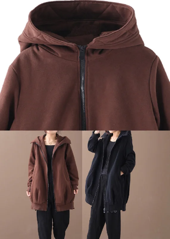 Black Zippered Side Open Hooded Coats Long Sleeve