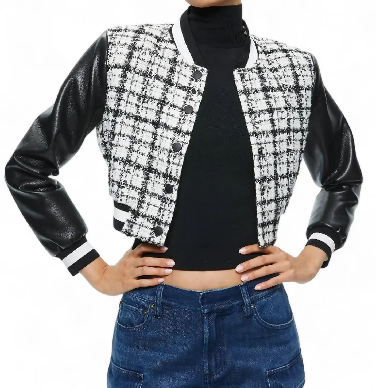 Camelia Cropped Combination Varsity Jacket In Off White/black