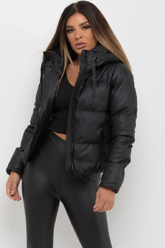 Faux Leather Puffer Jacket With Hood Black