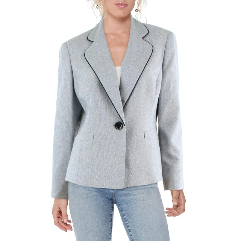 Le Suit Womens Woven Contrast Trim One-Button Blazer