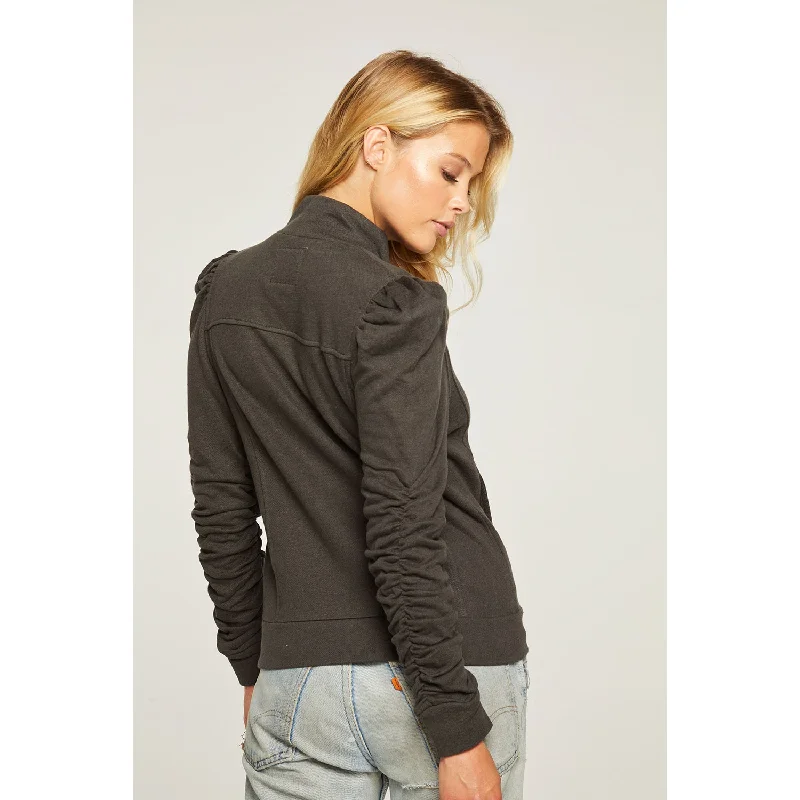 Linen French Terry Shirred Puff Sleeve Zip Up Jacket