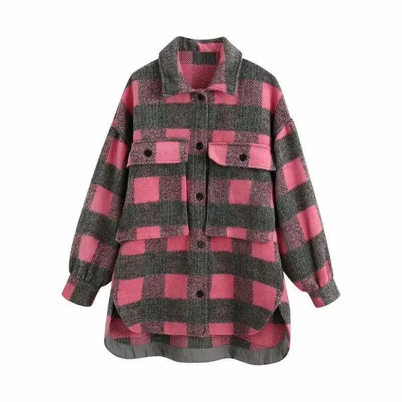 Women's long-sleeved woolen plaid jacket