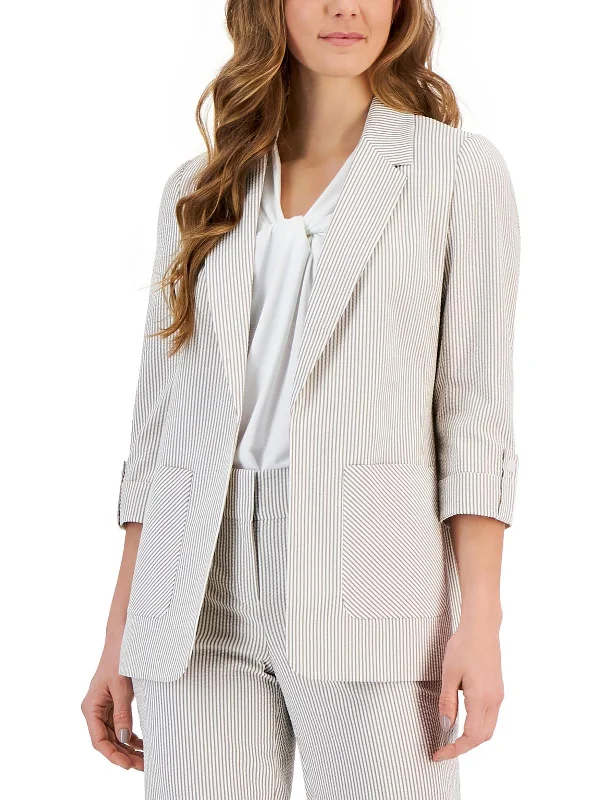 Petites Womens Striped Polyester Open-Front Blazer