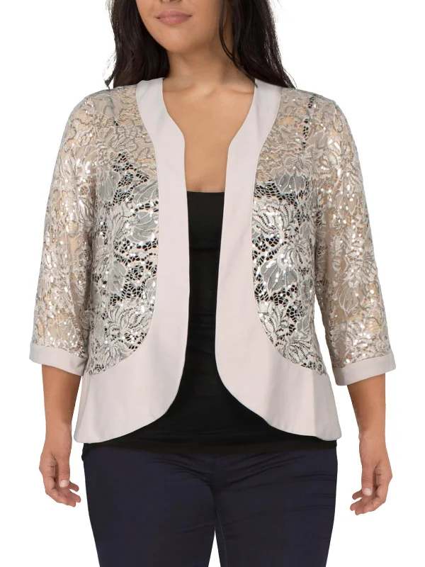 Plus Womens Lace Sequined Open-Front Blazer