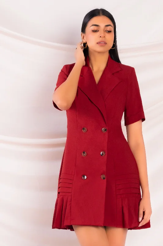 Red Pleat Detail Blazer Style Dress