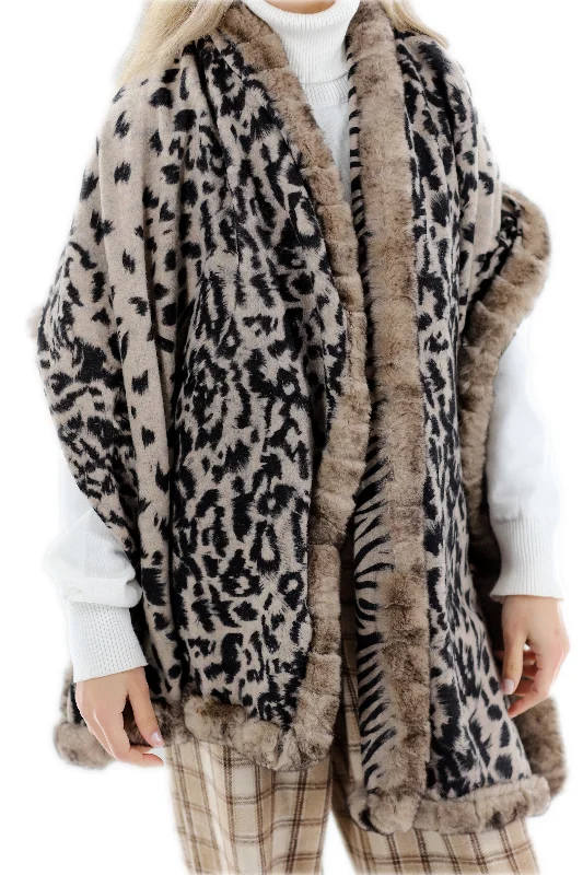 Reversible Animal Print Wrap with Genuine Rex Rabbit Fur Trim - 100% Wool - Black