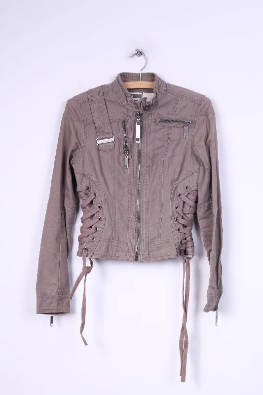 River Island Womens 34 8 XS Jacket Taupe Full Zipper Stand Up Collar Cotton Patches