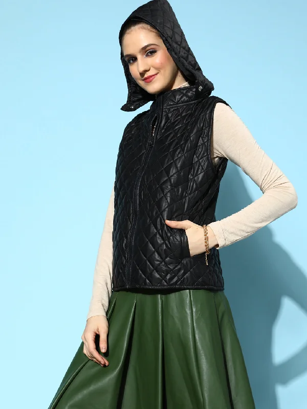 Women Black Quilted Sleeveless Hood Jacket